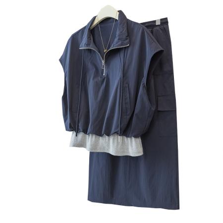 大码无袖背心拼接上衣搭配半身裙休闲气质套装大码女装 服裝批發女裝批發服飾貨源