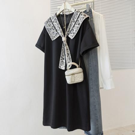 大码裙子长裙时尚夏季韩版蕾丝连衣裙套头短袖圆领大码连衣裙 服裝批發女裝批發服飾貨源