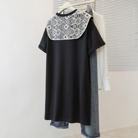 大码裙子长裙时尚夏季韩版蕾丝连衣裙套头短袖圆领大码连衣裙 服裝批發女裝批發服飾貨源