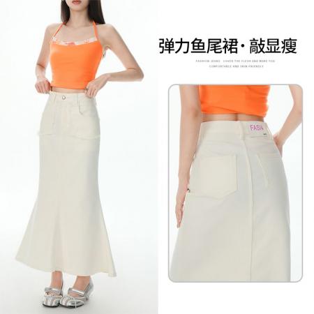 高腰弹力牛仔半身裙夏季新款设计感宽松显瘦鱼尾裙中长裙子 服裝批發女裝批發服飾貨源