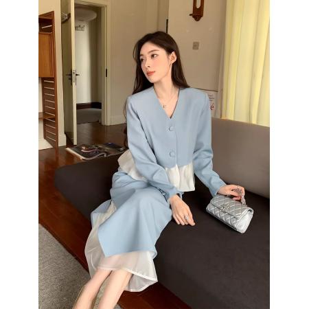 新款春季气质经典蓝色拼接西装外...