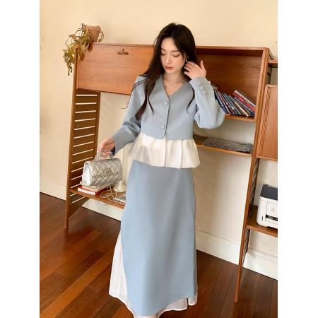 新款春季气质经典蓝色拼接西装外套长裙通勤套装 服裝批發女裝批發服飾貨源