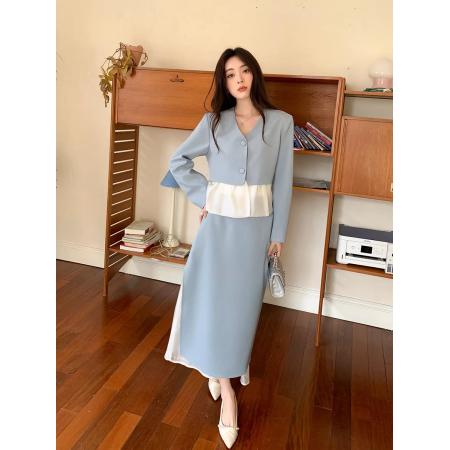 新款春季气质经典蓝色拼接西装外套长裙通勤套装 服裝批發女裝批發服飾貨源