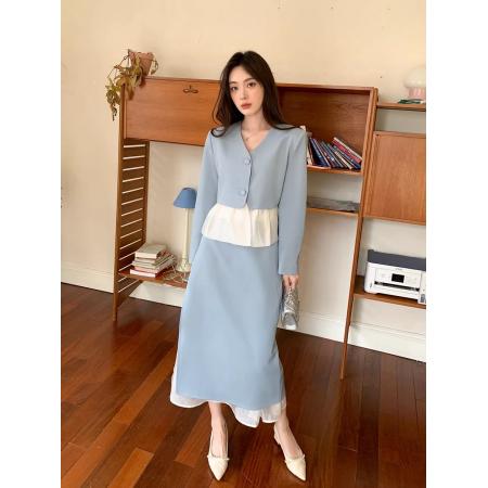 新款春季气质经典蓝色拼接西装外套长裙通勤套装 服裝批發女裝批發服飾貨源
