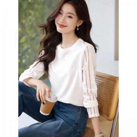 洋气时尚纯棉拼接蕾丝设计感长袖白色T恤女春秋休闲百搭小众上衣 服裝批發女裝批發服飾貨源