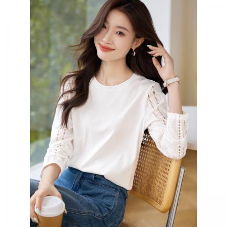 洋气时尚纯棉拼接蕾丝设计感长袖白色T恤女春秋休闲百搭小众上衣 服裝批發女裝批發服飾貨源