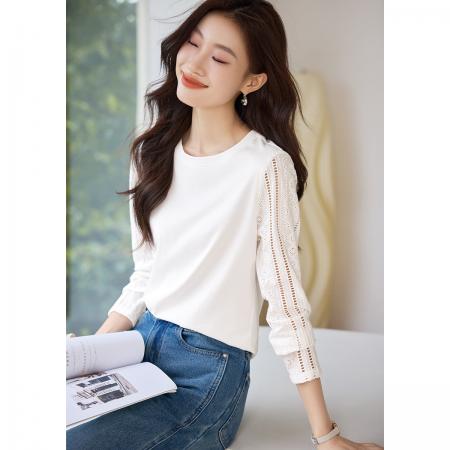 洋气时尚纯棉拼接蕾丝设计感长袖白色T恤女春秋休闲百搭小众上衣 服裝批發女裝批發服飾貨源