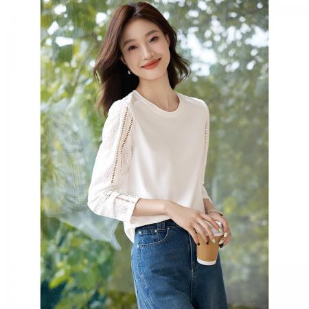 洋气时尚纯棉拼接蕾丝设计感长袖白色T恤女春秋休闲百搭小众上衣 服裝批發女裝批發服飾貨源