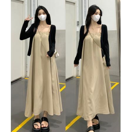 春装大码女装胖MM卡其吊带裙黑...