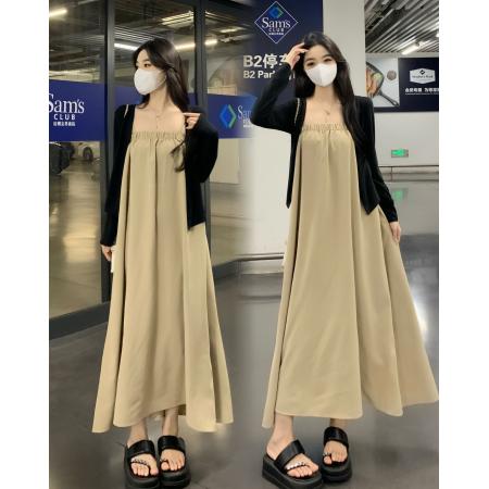 春装大码女装胖MM卡其吊带裙黑色开衫两件套 服裝批發女裝批發服飾貨源