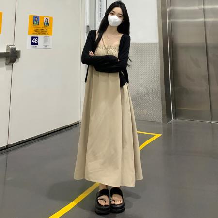 春装大码女装胖MM卡其吊带裙黑色开衫两件套 服裝批發女裝批發服飾貨源