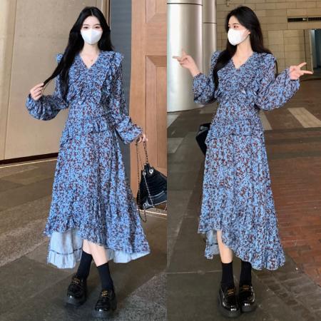 大码女装V领碎花连衣裙春季新款微胖MM显瘦木耳边A字裙 服裝批發女裝批發服飾貨源