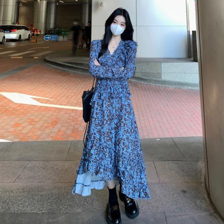 大码女装V领碎花连衣裙春季新款微胖MM显瘦木耳边A字裙 服裝批發女裝批發服飾貨源