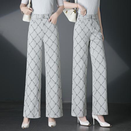 天丝牛仔裤女春秋新款宽松直筒裤高腰格子阔腿裤子 服裝批發女裝批發服飾貨源