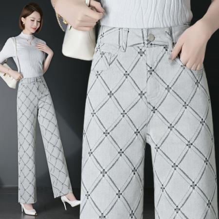 天丝牛仔裤女春秋新款宽松直筒裤高腰格子阔腿裤子 服裝批發女裝批發服飾貨源