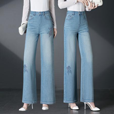 牛仔裤女春秋新款宽松直筒裤垂感高腰阔腿裤蓝色裤子 服裝批發女裝批發服飾貨源