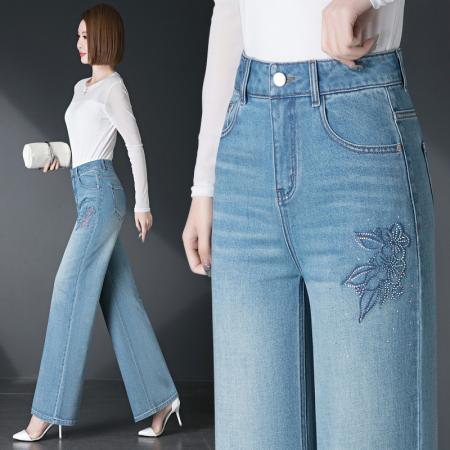 牛仔裤女春秋新款宽松直筒裤垂感高腰阔腿裤蓝色裤子 服裝批發女裝批發服飾貨源