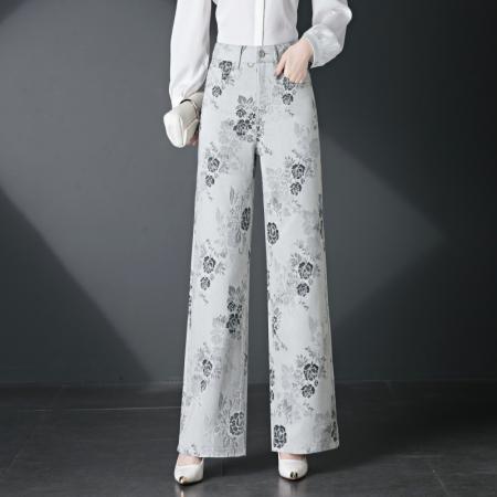 牛仔裤女春秋新款宽松天丝提花裤子垂感高腰阔腿女裤 服裝批發女裝批發服飾貨源