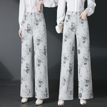 牛仔裤女春秋新款宽松天丝提花裤子垂感高腰阔腿女裤 服裝批發女裝批發服飾貨源