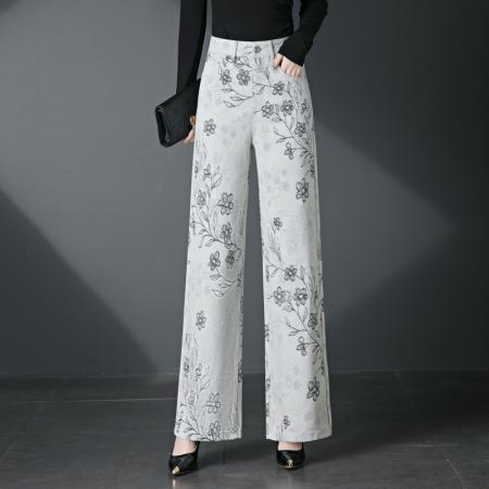 牛仔裤女春秋新款宽松天丝提花裤子垂感高腰阔腿女裤 服裝批發女裝批發服飾貨源