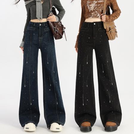 不贴腿烫钻喇叭牛仔裤女春秋新款时髦设计感高级修身拖地裤子 服裝批發女裝批發服飾貨源