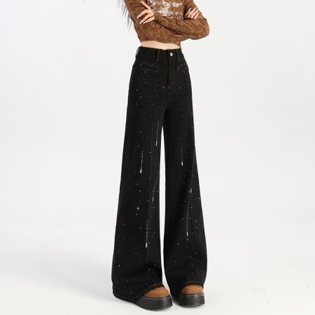 不贴腿烫钻喇叭牛仔裤女春秋新款时髦设计感高级修身拖地裤子 服裝批發女裝批發服飾貨源