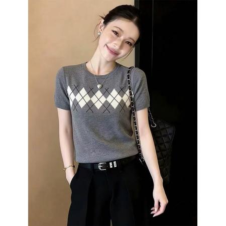 法式高级感灰色短袖提花针织衫T恤女装春季新款时尚气质休闲上衣 服裝批發女裝批發服飾貨源