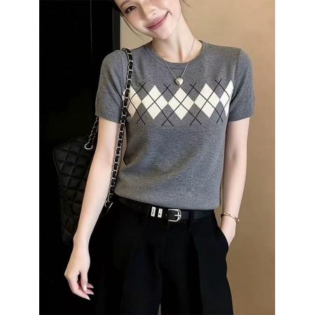 法式高级感灰色短袖提花针织衫T恤女装春季新款时尚气质休闲上衣 服裝批發女裝批發服飾貨源