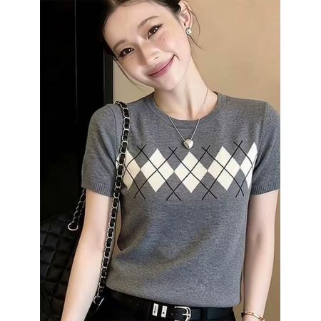 法式高级感灰色短袖提花针织衫T恤女装春季新款时尚气质休闲上衣 服裝批發女裝批發服飾貨源