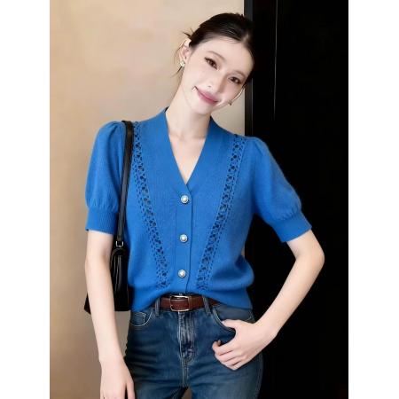 超好看蓝色V领短袖针织开衫女春...