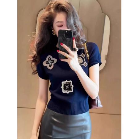 时髦藏蓝色印花短袖针织衫女春夏新款修身显瘦t恤打底衫上衣 服裝批發女裝批發服飾貨源