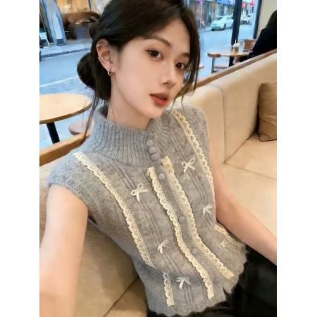 轻奢高端货韩系蝴蝶结蕾丝拼接针织马甲女春季洋气上衣 服裝批發女裝批發服飾貨源