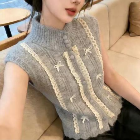 轻奢高端货韩系蝴蝶结蕾丝拼接针织马甲女春季洋气上衣 服裝批發女裝批發服飾貨源