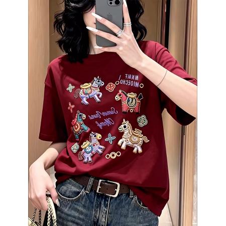 纯棉马上有钱衣服马年本命年短袖t恤女 服裝批發女裝批發服飾貨源