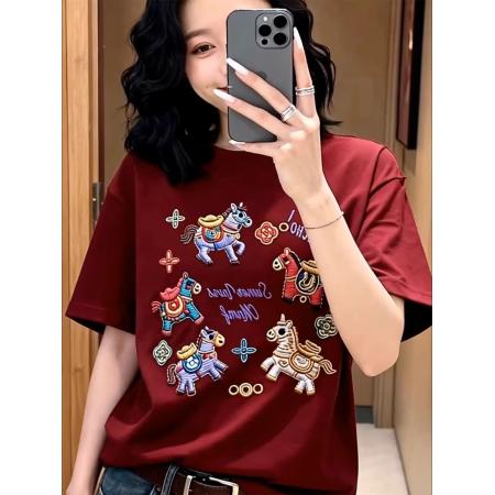 纯棉马上有钱衣服马年本命年短袖t恤女 服裝批發女裝批發服飾貨源