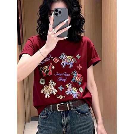 纯棉马上有钱衣服马年本命年短袖t恤女 服裝批發女裝批發服飾貨源
