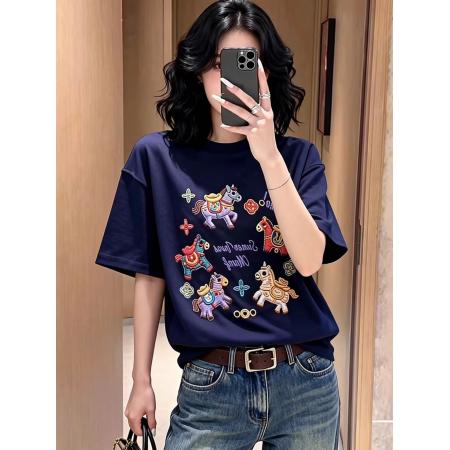 纯棉马上有钱衣服马年本命年短袖t恤女 服裝批發女裝批發服飾貨源