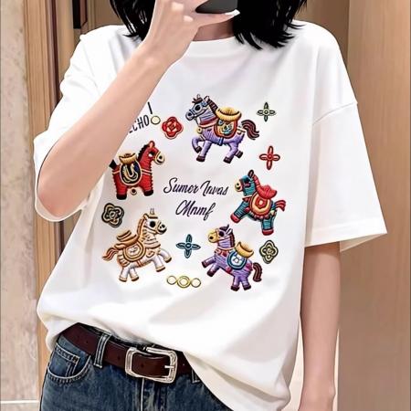 纯棉马上有钱衣服马年本命年短袖t恤女 服裝批發女裝批發服飾貨源