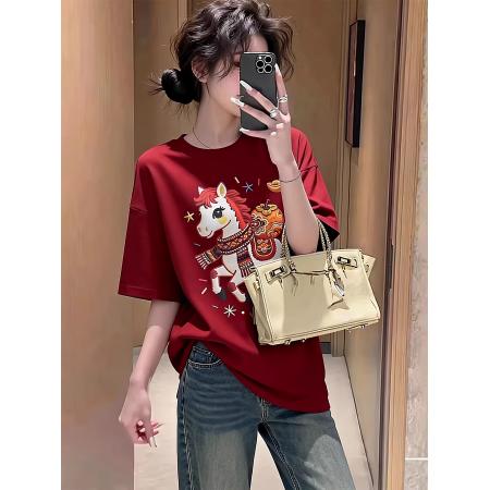 纯棉马上有福印花红色圆领短袖T恤女 服裝批發女裝批發服飾貨源