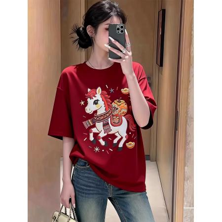 纯棉马上有福印花红色圆领短袖T恤女 服裝批發女裝批發服飾貨源