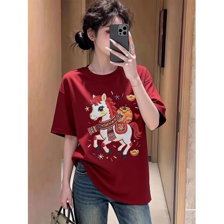 纯棉马上有福印花红色圆领短袖T恤女 服裝批發女裝批發服飾貨源