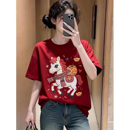 纯棉马上有福印花红色圆领短袖T恤女 服裝批發女裝批發服飾貨源