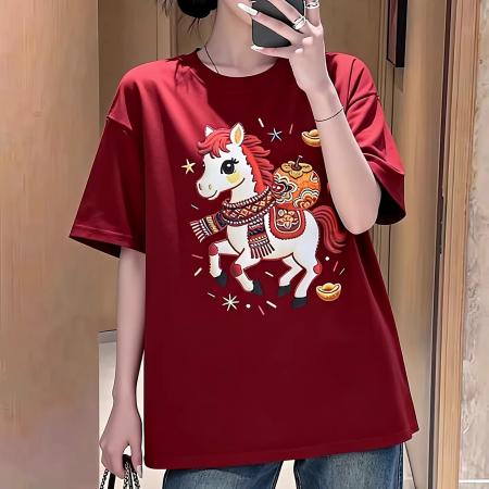 纯棉马上有福印花红色圆领短袖T恤女 服裝批發女裝批發服飾貨源