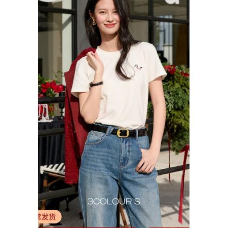 春季新款小马刺绣基础磨毛小白T恤休闲正肩短袖上衣女S 服裝批發女裝批發服飾貨源