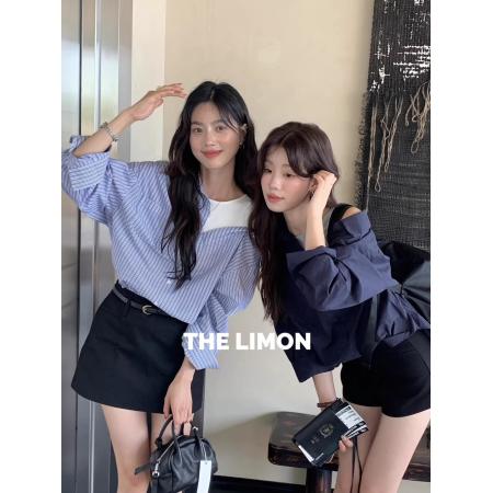 柠檬绿茶时尚韩系设计感露肩高级感假两件百搭衬衫秋女 服裝批發女裝批發服飾貨源