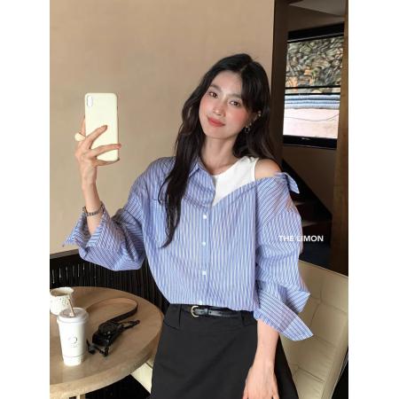 柠檬绿茶时尚韩系设计感露肩高级感假两件百搭衬衫秋女 服裝批發女裝批發服飾貨源