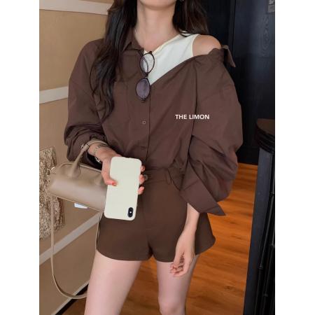 柠檬绿茶时尚韩系设计感露肩高级感假两件百搭衬衫秋女 服裝批發女裝批發服飾貨源