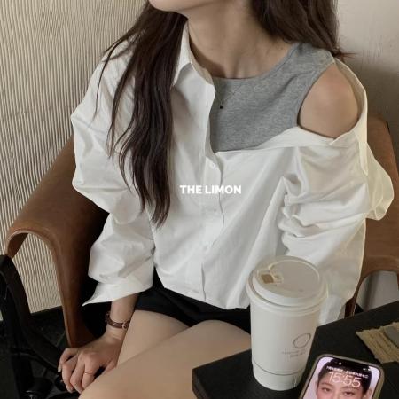 柠檬绿茶时尚韩系设计感露肩高级感假两件百搭衬衫秋女 服裝批發女裝批發服飾貨源