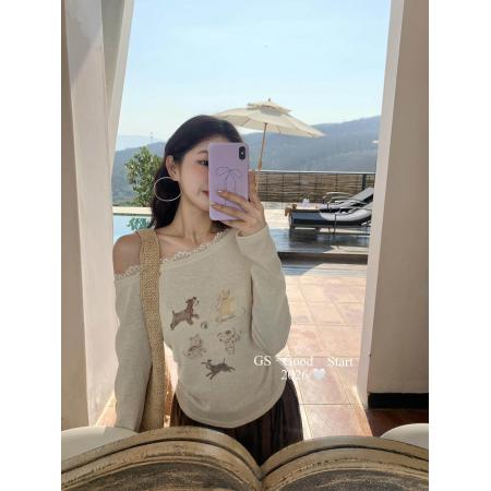 春季韩系甜美休闲趣味印花卡通斜肩长袖小衫T恤上衣 服裝批發女裝批發服飾貨源