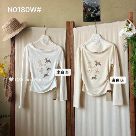 春季韩系甜美休闲趣味印花卡通斜肩长袖小衫T恤上衣 服裝批發女裝批發服飾貨源